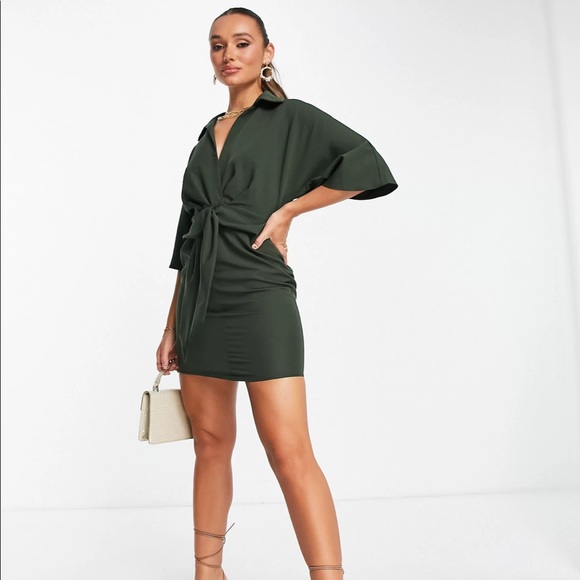 ASOS Dresses & Skirts - ASOS DESIGN collared wrap front batwing mini dress with knot in khaki Size 8